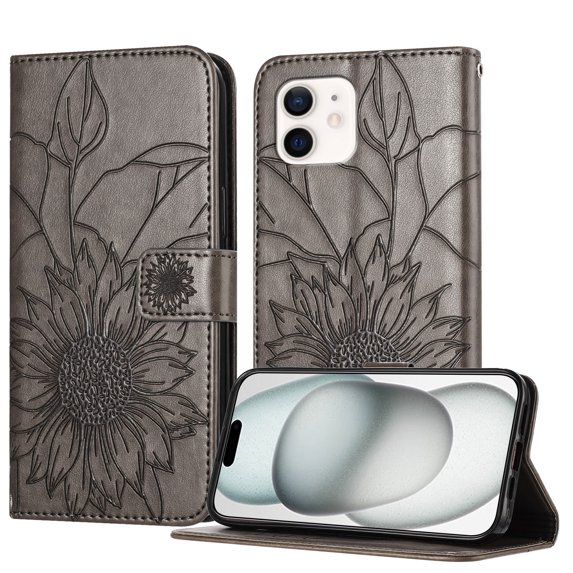 Decase Wallet Case for iPhone 12 Pro / 12 6.1" Case with Card Holder,Sunflower Pattern Leather Phone Case with Kickstand Magnetic Closure Shockproof Cover Fits for iPhone 12 Pro / 12 6.1",Gray