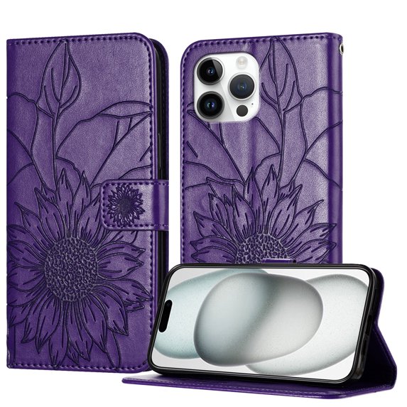 Decase Wallet Case for iPhone 13 Pro Max Case with Card Holder,Sunflower Pattern Leather Phone Case with Kickstand Magnetic Closure Shockproof Cover Fits for iPhone 13 Pro Max,Darkpurple