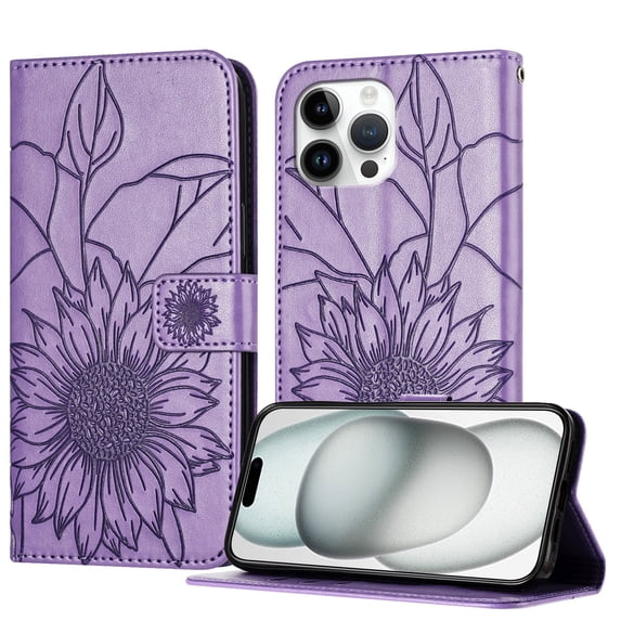 Decase Wallet Case for iPhone 13 Pro Max Case with Card Holder,Sunflower Pattern Leather Phone Case with Kickstand Magnetic Closure Shockproof Cover Fits for iPhone 13 Pro Max,Purple