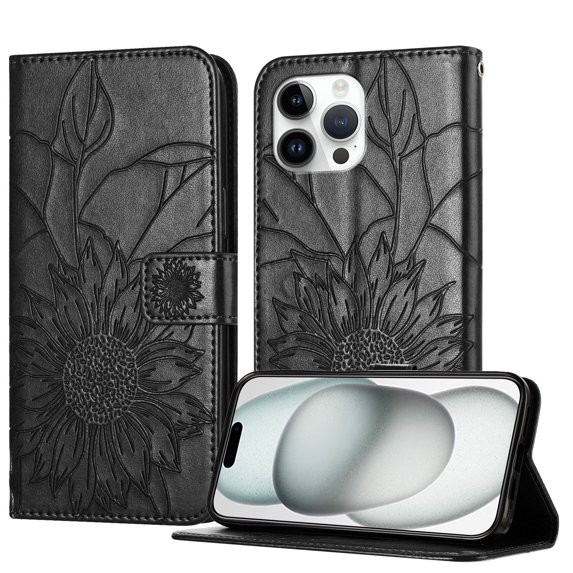 Decase Wallet Case for iPhone 13 Pro Max Case with Card Holder,Sunflower Pattern Leather Phone Case with Kickstand Magnetic Closure Shockproof Cover Fits for iPhone 13 Pro Max,Black