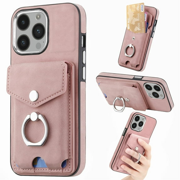 Decase Wallet Case for iPhone 13 Pro Max, Luxury Shockproof Magnetic PU Leather Credit Card Slot with Built-in 360? Rotation Ring Holder Stand Protective Case, pink