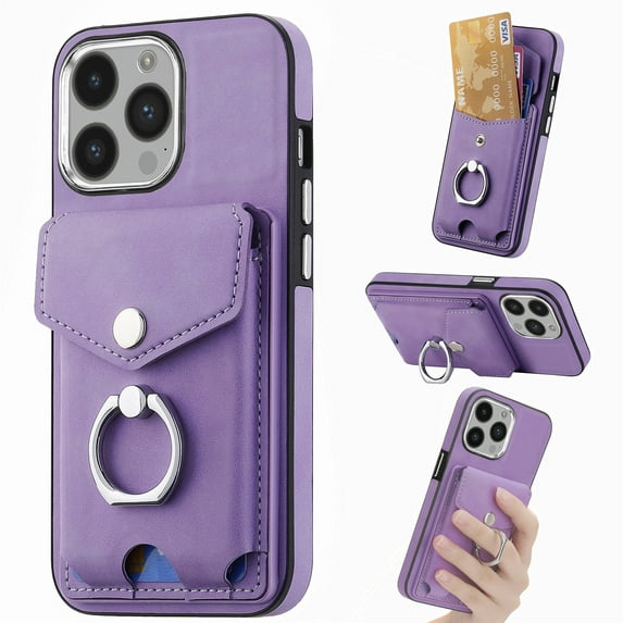 Decase Wallet Case for iPhone 14 Plus, Luxury Shockproof Magnetic PU Leather Credit Card Slot with Built-in 360° Rotation Ring Holder Stand Protective Case, purple