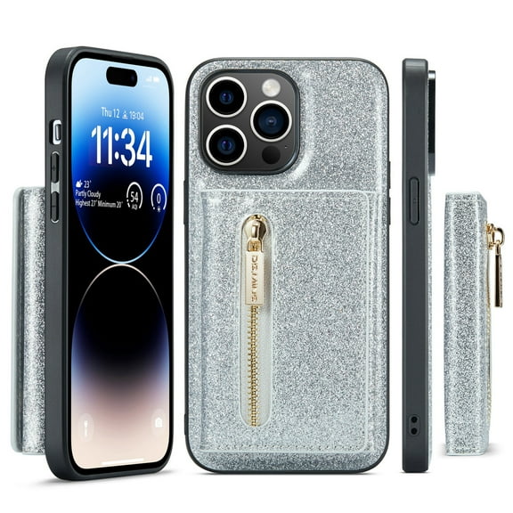 Decase Wallet Case For iPhone 14 Pro Max 6.7 inch, Glitter Bling Zipper Purse PU Leather RFID Cards Holder Slots Back Magnetic Shocklproof Protective Cover for iPhone 14 Pro Max, Silver