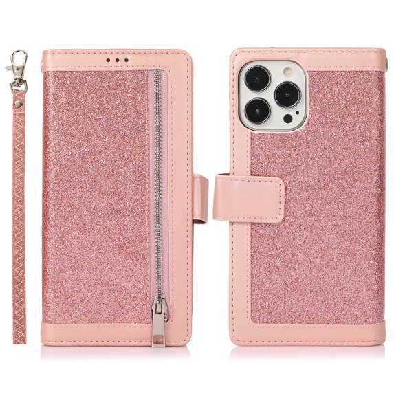 Decase Wallet Case for iPhone 14 Pro Max,Bling Glitter Sparkly PU Leather Kickstand Flip Folio Zipper Wallet Purse Cover Case with Card Holder Wrist Strap for iPhone 14 Pro Max - 6.7 Inch, Pink