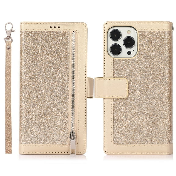 Decase Wallet Case for iPhone 14 Pro Max,Bling Glitter Sparkly PU Leather Kickstand Flip Folio Zipper Wallet Purse Cover Case with Card Holder Wrist Strap for iPhone 14 Pro Max - 6.7 Inch, Gold