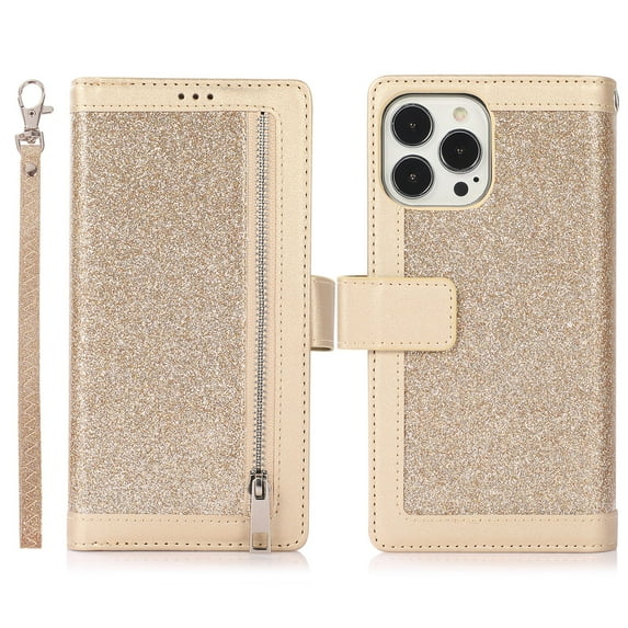 Decase Wallet Case for iPhone 14 Pro Max,Bling Glitter Sparkly PU Leather Kickstand Flip Folio Zipper Wallet Purse Cover Case with Card Holder Wrist Strap for iPhone 14 Pro Max - 6.7 Inch, Gold