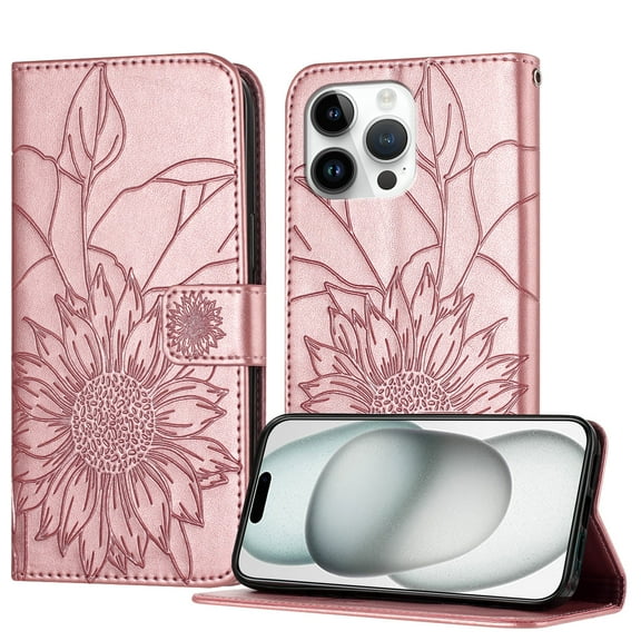 Decase Wallet Case for iPhone 14 Pro Max Case with Card Holder,Sunflower Pattern Leather Phone Case with Kickstand Magnetic Closure Shockproof Cover Fits for iPhone 14 Pro Max,Rosegold