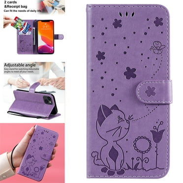 Decase Wallet Case for iPhone 15 Plus 6.7" with Card Slots Stand,Cat Butterfly  Pattern Embossed PU Leather Folio Flip Phone Cover with Hand Strap for iPhone 15 Plus - Purple
