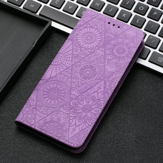 Decase Wallet Case for iPhone 15 Pro Max Case,Premium Embossed Sunflower Magnetic Closure Folio Flip Case with Card Slots Stand & Wristband Strap Compatible for Apple iPhone 15 Pro Max,Purple