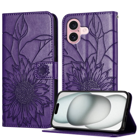 Decase Wallet Case for iPhone 16 Case with Card Holder,Sunflower Pattern Leather Phone Case with Kickstand Magnetic Closure Shockproof Cover Fits for iPhone 16,Darkpurple