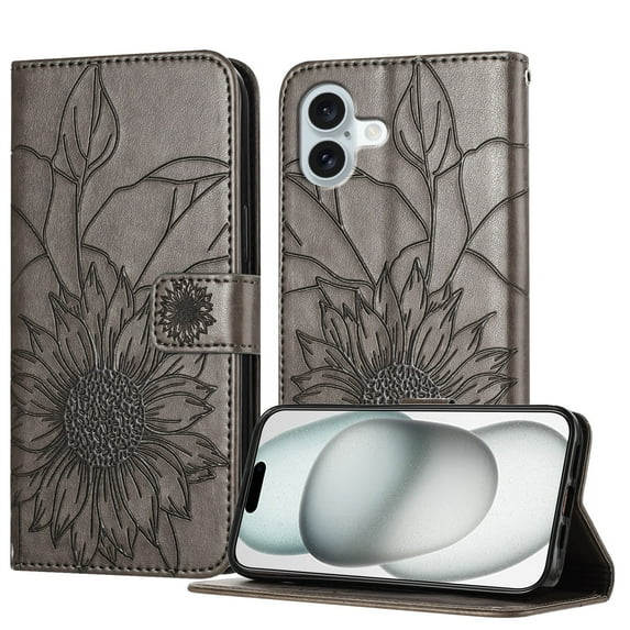 Decase Wallet Case for iPhone 16 Plus Case with Card Holder,Sunflower Pattern Leather Phone Case with Kickstand Magnetic Closure Shockproof Cover Fits for iPhone 16 Plus,Gray