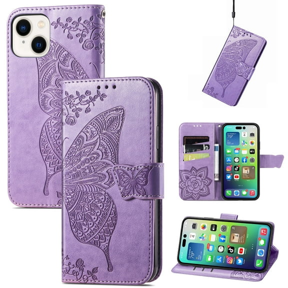 Decase Wallet Cover for Apple iPhone 15 2023,Luxury Butterfly Embossed Pattern PU Leather Magnetic Clasp Shockproof Phone Shell Kickstand Card Slots With Wrist Strap, Lightpurple