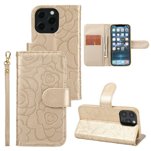 Decase Wallet Cover For Apple iPhone 15 6.1",Premium Flower Pattern Shockproof Flip Card Slots Holder Case With Hand Strap & Magnetic Clasp,Anti-Scratch Phone Shell,for iPhone 15 - Gold