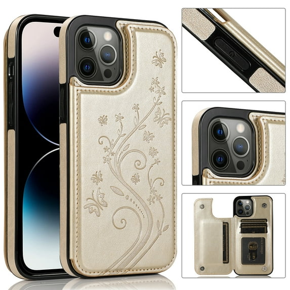 Decase Wallet Cover for Apple iPhone 15 Pro Max,With Magnetic Buckle Back Flip Card Slots Holder,Premium Flower Embossed Pattern Leather Shockproof Anti-Scratch Case for iPhone 15 Pro Max - Gold