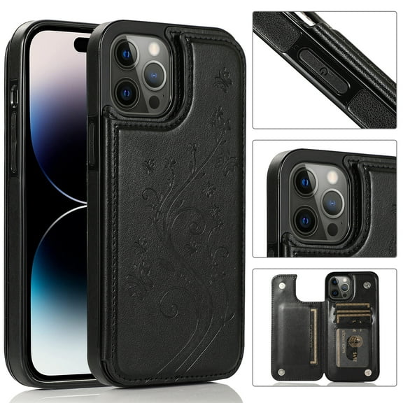 Decase Wallet Cover for Apple iPhone 15 Pro Max,With Magnetic Buckle Back Flip Card Slots Holder,Premium Flower Embossed Pattern Leather Shockproof Anti-Scratch Case for iPhone 15 Pro Max - Black