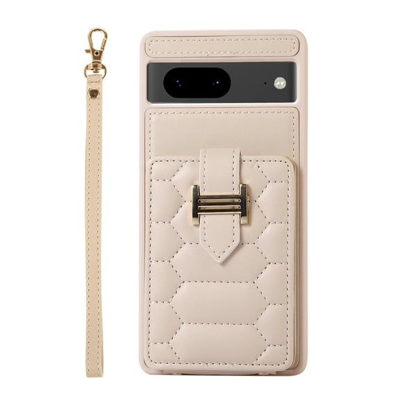 Decase Wallet Cover For Google Pixel 7,Premium Leather Shockproof Phone Shell With Back Flip Card Slots & Ring Kickstand & Hand Strap & Crossbody Strap - beige
