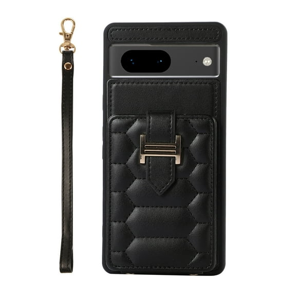 Decase Wallet Cover For Google Pixel 7A,Premium Leather Shockproof Phone Shell With Back Flip Card Slots & Ring Kickstand & Hand Strap & Crossbody Strap - black
