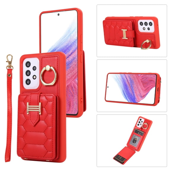 Decase Wallet Cover For Samsung Galaxy A34 5G,Premium Leather Shockproof Phone Shell With Back Flip Card Slots & Ring Kickstand & Hand Strap & Crossbody Strap - red
