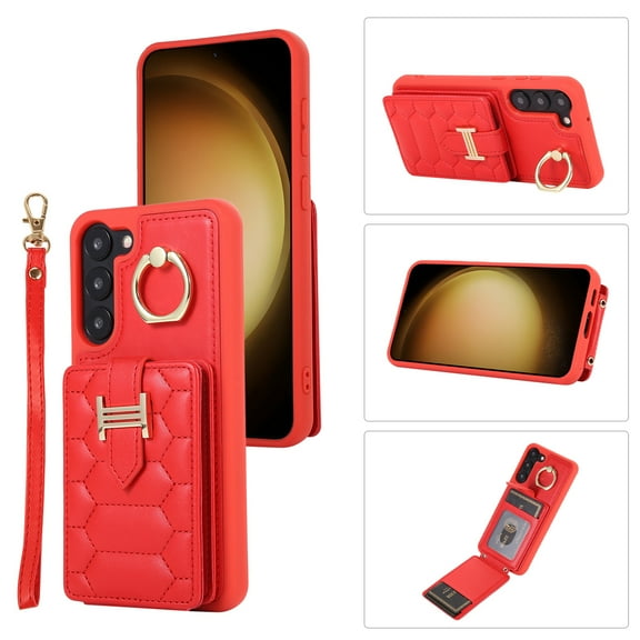 Decase Wallet Cover For Samsung Galaxy S20 FE,Premium Leather Shockproof Phone Shell With Back Flip Card Slots & Ring Kickstand & Hand Strap & Crossbody Strap - red