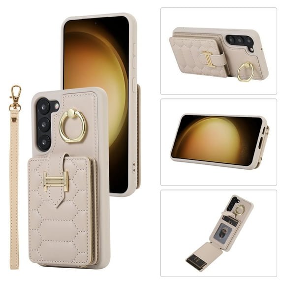 Decase Wallet Cover For Samsung Galaxy S20+,Premium Leather Shockproof Phone Shell With Back Flip Card Slots & Ring Kickstand & Hand Strap & Crossbody Strap - beige