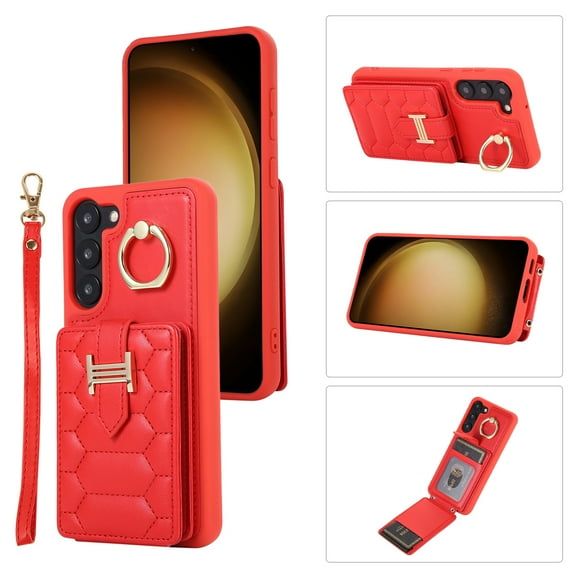 Decase Wallet Cover For Samsung Galaxy S20+,Premium Leather Shockproof Phone Shell With Back Flip Card Slots & Ring Kickstand & Hand Strap & Crossbody Strap - red