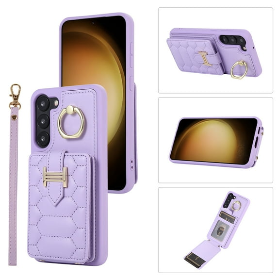 Decase Wallet Cover For Samsung Galaxy S22,Premium Leather Shockproof Phone Shell With Back Flip Card Slots & Ring Kickstand & Hand Strap & Crossbody Strap - purple