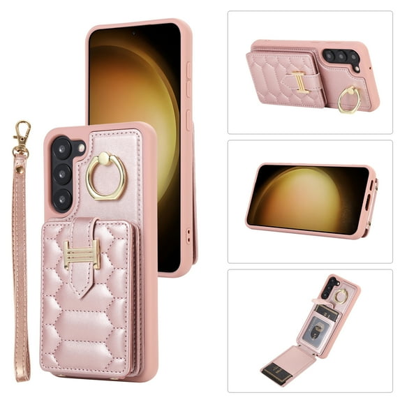 Decase Wallet Cover For Samsung Galaxy S22,Premium Leather Shockproof Phone Shell With Back Flip Card Slots & Ring Kickstand & Hand Strap & Crossbody Strap - rosegold