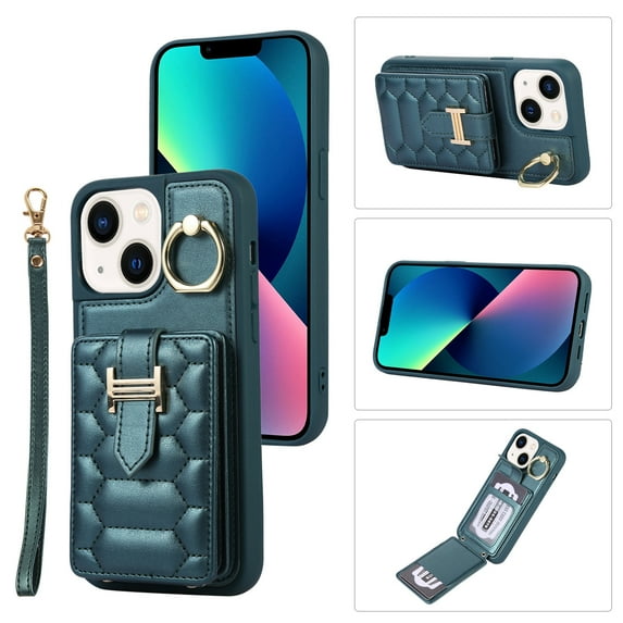 Decase Wallet Cover For iPhone 13 Pro,Premium Leather Shockproof Phone Shell With Back Flip Card Slots & Ring Kickstand & Hand Strap & Crossbody Strap - darkgreen