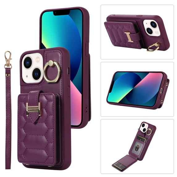 Decase Wallet Cover For iPhone 13 Pro,Premium Leather Shockproof Phone Shell With Back Flip Card Slots & Ring Kickstand & Hand Strap & Crossbody Strap - deeppurple