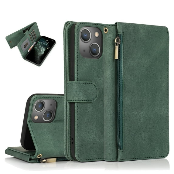 Decase Wallet Cover for iPhone 15,Stylish Premium Zipper Pocket Leather Carrying Folio Flip Case With Wristlet Strap,Full Body Protection Shockproof Shell,for Apple iPhone 15 - Darkgreen
