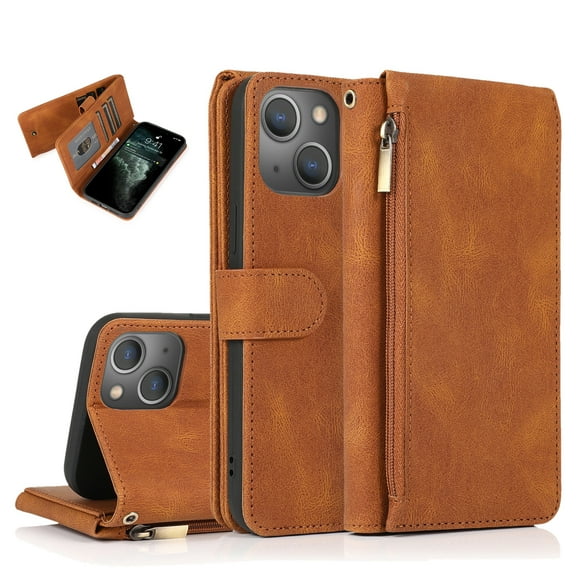 Decase Wallet Cover for iPhone 15,Stylish Premium Zipper Pocket Leather Carrying Folio Flip Case With Wristlet Strap,Full Body Protection Shockproof Shell,for Apple iPhone 15 - Brown
