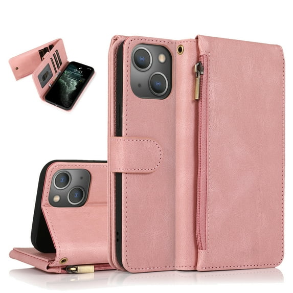 Decase Wallet Cover for iPhone 15,Stylish Premium Zipper Pocket Leather Carrying Folio Flip Case With Wristlet Strap,Full Body Protection Shockproof Shell,for Apple iPhone 15 - Rosegold