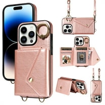 Decase Wallet Phone Case for iPhone 14, Shockproof Card Holder for Women,Adjustable & Detachable Crossbody Lanyard Strap with Built-in Ring Holder Stand PU Leather Cover Case, rosegold