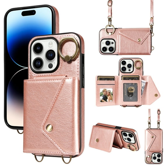 Decase Wallet Phone Case for iPhone 15 Pro Max, Shockproof Card Holder for Women,Adjustable & Detachable Crossbody Lanyard Strap with Built-in Ring Holder Stand PU Leather Cover Case, rosegold