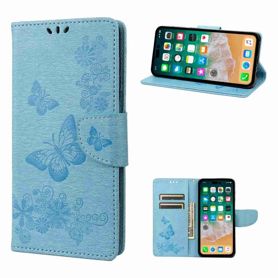 Decase Wallet Pocket Slim Card Case for Apple iPhone 11 Pro Max, Shockproof Kickstand Wrist Strap Butterfly Floral Embossed PU Leather Flip Cover,blue