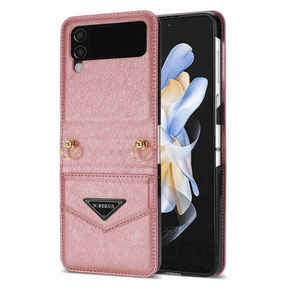 Decase for Z Flip 4 Case, Galaxy Z Flip 4 Wallet Case with Strap Lanyard Crossbody & Card Holder, Leather Protective Phone Case Cover with Adjustable Shoulder Strap, Rosegold