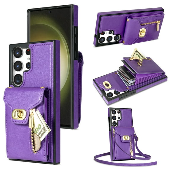 Decase Zipper Wallet Case for Samsung Galaxy S22, Crossbody Luxury PU Leather Shockproof Adjustable & Detachable Shoulder Strap with Card Slot Phone Case Cover, purple