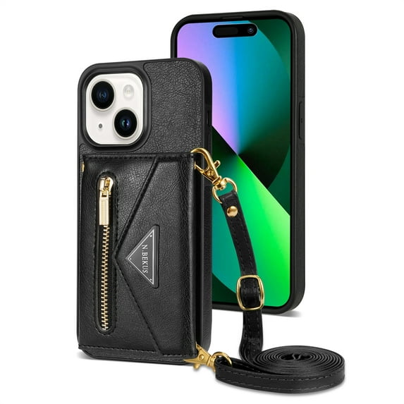 Decase Zipper Wallet Phone Shell for iPhone 15 ,Premium Luxury PU Leather Cover With Crossbody Strap & Card Slots Holder for iPhone 15,Black