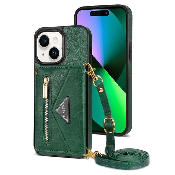Decase Zipper Wallet Phone Shell for iPhone 15 ,Premium Luxury PU Leather Cover With Crossbody Strap & Card Slots Holder for iPhone 15,Green