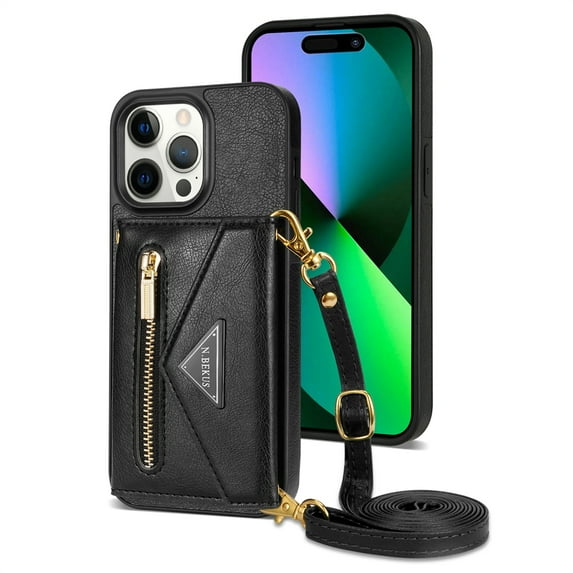 Decase Zipper Wallet Phone Shell for iPhone 15 Pro Max,Premium Luxury PU Leather Cover With Crossbody Strap & Card Slots Holder for iPhone 15 Pro Max,Black