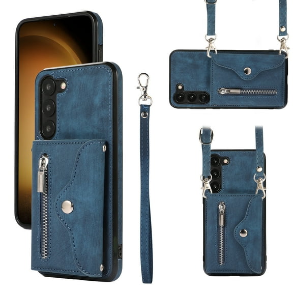 Decase Zipper Wallet Pocket Case for Samsung Galaxy S22,Crossbody Case with Strap Shoulder Lanyard for Women Men with Card Holder, Shockproof PU Leather Flip Stand Purse Cover,Blue