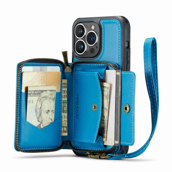 Decase Zipper Wallet Pocket Case for iPhone 12 Pro Max, Shockproof PU Leather Flip Case with Wrist Strap Purse Handbag Protective Cover, Blue