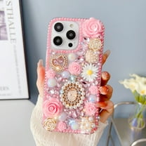 Decase case For iPhone 13,3D Luxury Handmade Girls Phone Case Pearl Pendant Sparkle Shinning Flower Rhinestone Crystal Diamond Cover Case, pink