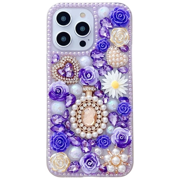 Decase case For iPhone 13,3D Luxury Handmade Girls Phone Case Pearl Pendant Sparkle Shinning Flower Rhinestone Crystal Diamond Cover Case, purple