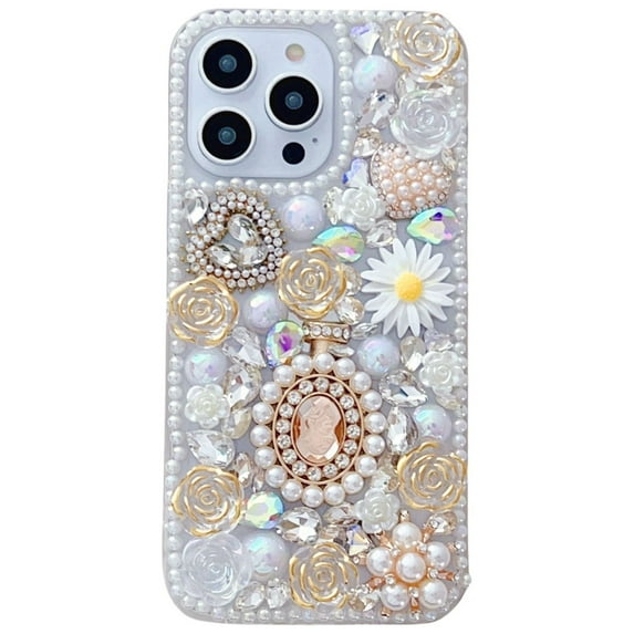 Decase case For iPhone 14,3D Luxury Handmade Girls Phone Case Pearl Pendant Sparkle Shinning Flower Rhinestone Crystal Diamond Cover Case, silver