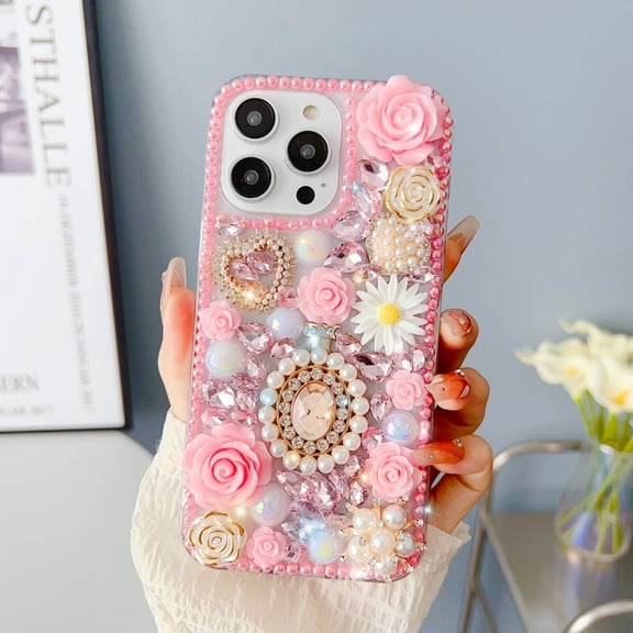 Decase case For iPhone 14 Plus,3D Luxury Handmade Girls Phone Case Pearl Pendant Sparkle Shinning Flower Rhinestone Crystal Diamond Cover Case, pink