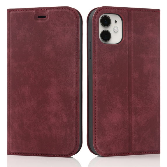 Decase for Apple iPhone 11 Wallet Phone Case,Shockproof Plain Leather Magnetic Closure Flip Holder Protective Cover with RFID Blocking Card Slots,Red