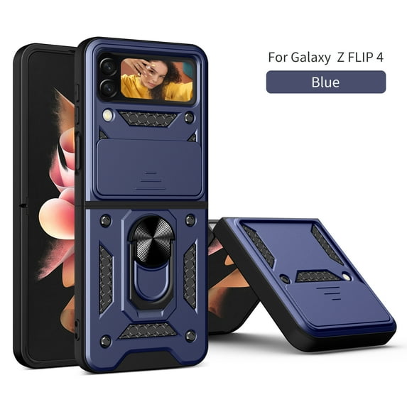 Decase for Galaxy Z Flip 4 Case, With Built-in 360 Rotate Ring Stand Magnetic Protective Slide Lens Camera Cover Protection Phone Case, Blue