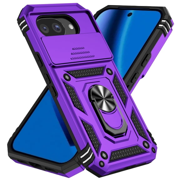 Decase for Google Pixel 10A Rugged Case with Slide Lens Cover,Shockproof Cover with Roating Ring Holder Protective Case for Pixel 10A,Purple