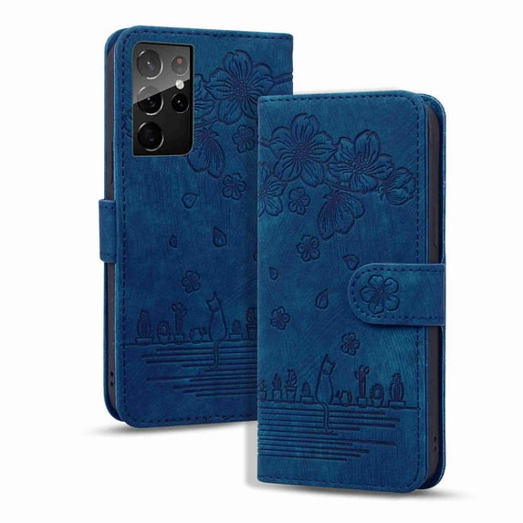 Decase for Samsung Galaxy S21 Ultra Case Shockproof PU Leather Retro Flower Embossed Wallet Flip Case Magnetic Stand with Card Slot Folio Cover,Blue